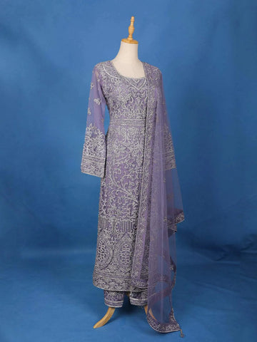 Lavender Floral Embroidery Straight Cut Salwar Suit Online - Diadem
