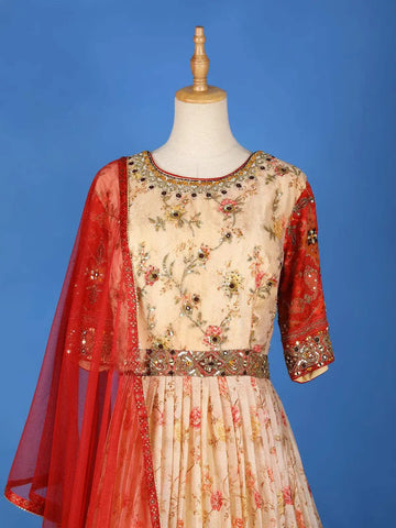 Beige Floral Embroidery Gown and Net Dupatta - Diadem