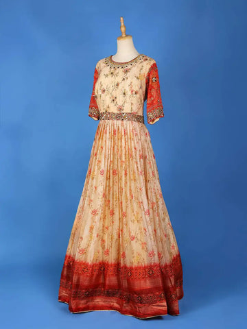 Beige Floral Embroidery Gown and Net Dupatta - Diadem