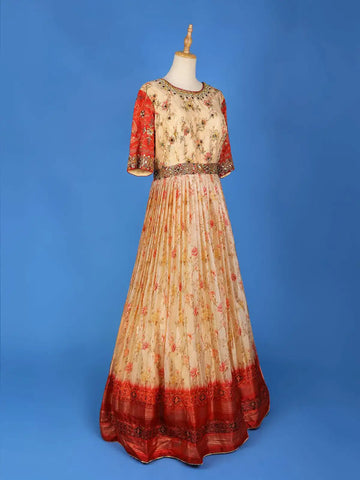 Beige Floral Embroidery Gown and Net Dupatta - Diadem