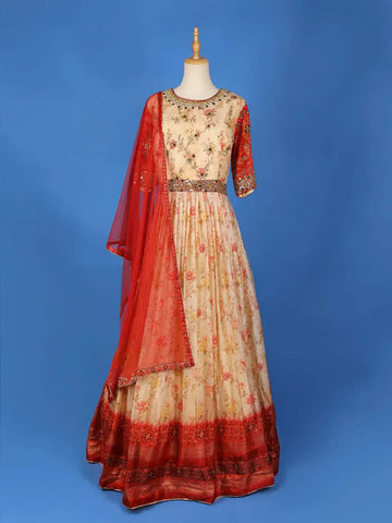 Beige Floral Embroidery Gown and Net Dupatta - Diadem