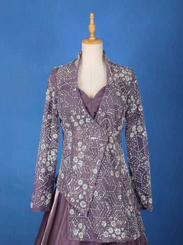 Lavender Sangeet Lehenga Embellished with Floral Embroidery Designs Paired with Overcoat - Diadem