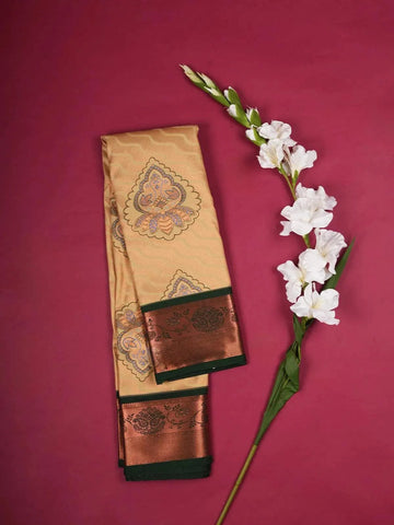 Cream Art Silk Saree with Flower Jacquard Designs on the Body with Contrast Zari Border - Diadem