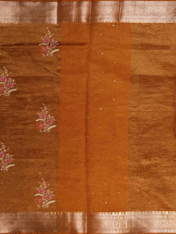 Orange Organza Saree with Mirror and Floral Embroidery Work with Designed Border - Diadem