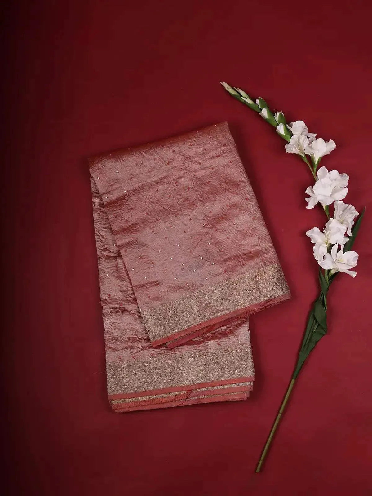 Onion Pink Organza Saree with Stone and Crush Design on the Body with Designed Border - Diadem