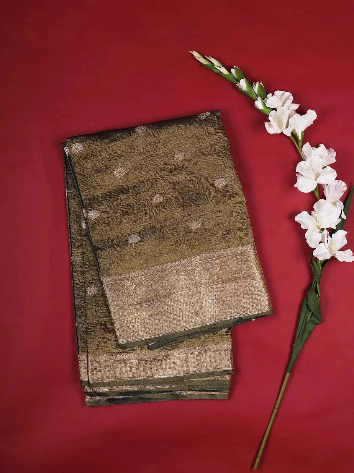 Dark Green Organza Saree with Floral Design on the Body with Designed Border - Diadem