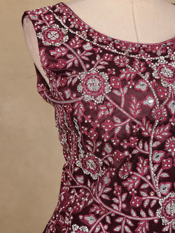 Maroon Floral Embroidered Organza Gown - Diadem