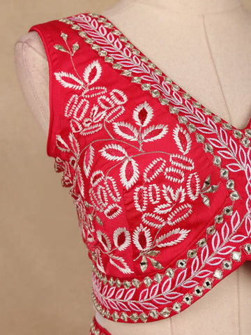 Vibrant Red Sequin Embellished Georgette Crop Top with Draped Skirt - Diadem