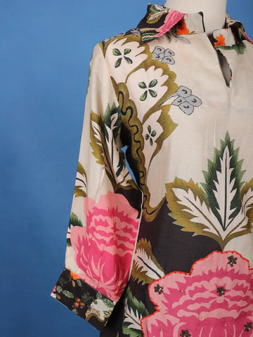 Light Beige Floral Printed Cotton Palazzo Suit - Diadem