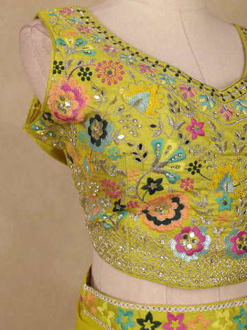 Lime Yellow Floral Sequins Embroidery Palazzo Suit - Diadem