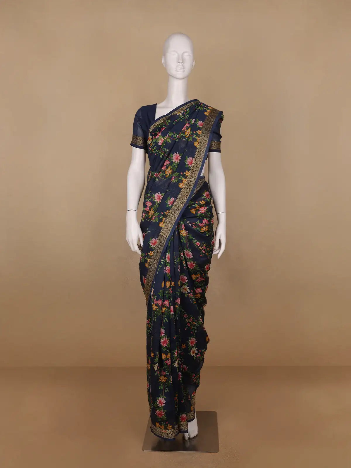 Navy Blue Floral Designed Chanderi Cotton Saree - Diadem