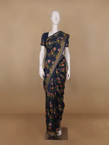 Navy Blue Floral Designed Chanderi Cotton Saree - Diadem