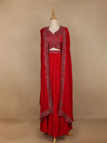 Red Abstract Embroidered Crepe Bridesmaids Lehenga - Diadem