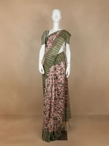 Beige Floral Designed Cotton Fancy Saree - Diadem