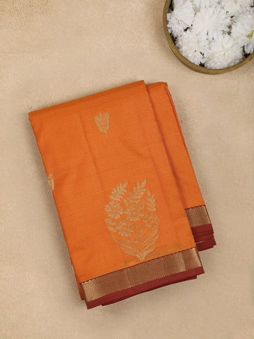 Orange Floral Motif Pure Kanchipuram Silk Saree - Diadem