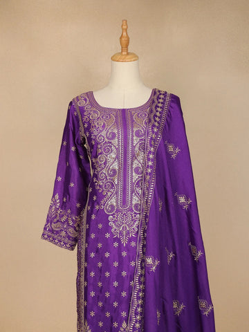 Purple Floral Design Crepe Salwar Palazzo Suit - Diadem
