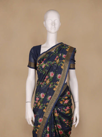 Navy Blue Floral Designed Chanderi Cotton Saree - Diadem