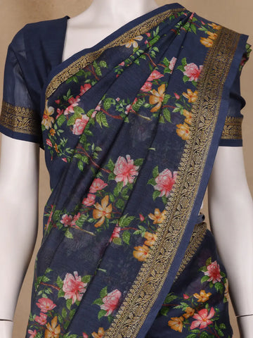 Navy Blue Floral Designed Chanderi Cotton Saree - Diadem
