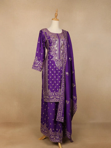 Purple Floral Design Crepe Salwar Palazzo Suit - Diadem