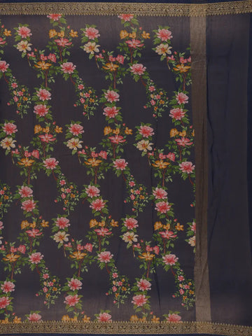 Navy Blue Floral Designed Chanderi Cotton Saree - Diadem