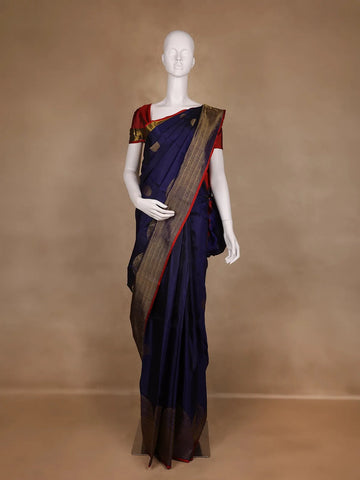 Navy Blue With Red Border Zari Butta Kanchipuram Silk Saree - Diadem