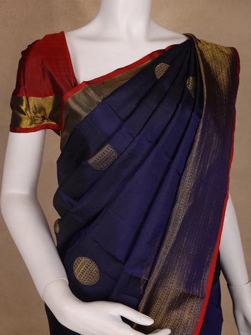 Navy Blue With Red Border Zari Butta Kanchipuram Silk Saree - Diadem