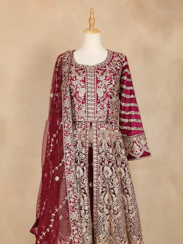 Dark Red Full Sleeve Bridal Lehenga with Floral Embroidery - Diadem