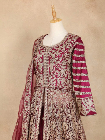 Dark Red Full Sleeve Bridal Lehenga with Floral Embroidery - Diadem