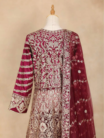Dark Red Full Sleeve Bridal Lehenga with Floral Embroidery - Diadem