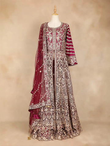 Dark Red Full Sleeve Bridal Lehenga with Floral Embroidery - Diadem