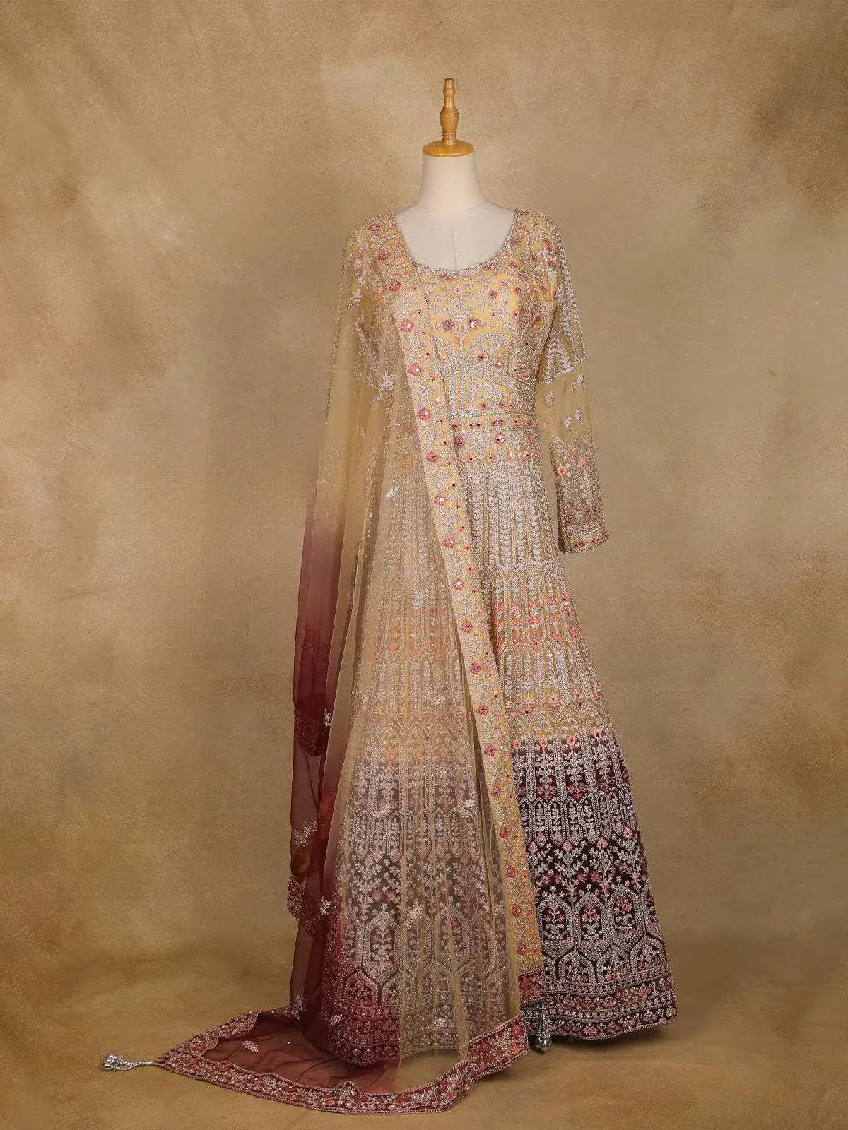 Beige Floral Designed Ombre Bridal Reception Gown - Diadem