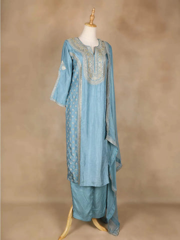 Sky Blue Straight Cut Salwar Suit Adorned With Floral Designs, with 3/4 Sleeve and Matching Dupatta - Diadem
