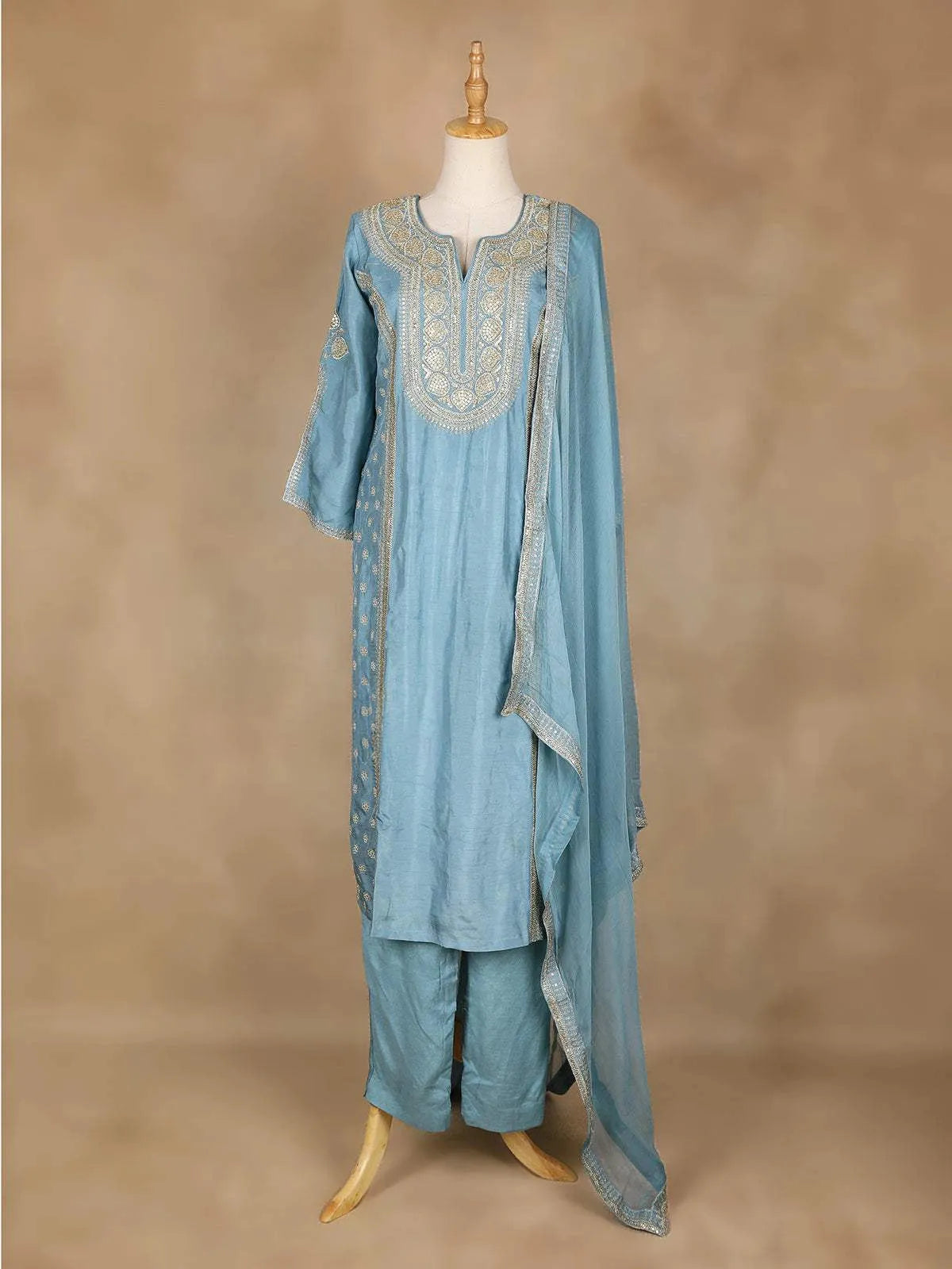 Sky Blue Straight Cut Salwar Suit Adorned With Floral Designs, with 3/4 Sleeve and Matching Dupatta - Diadem