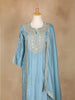 Sky Blue Straight Cut Salwar Suit Adorned With Floral Designs, with 3/4 Sleeve and Matching Dupatta - Diadem
