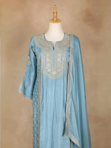 Sky Blue Straight Cut Salwar Suit Adorned With Floral Designs, with 3/4 Sleeve and Matching Dupatta - Diadem
