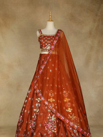 Rust Orange Lehenga Adorned with Floral and Beaded Designs, with Sleeveless Blouse and Matching Dupatta - Diadem