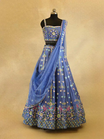 Blue Raw Silk Lehenga with 3D Floral and Sequin Work - Diadem