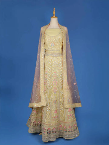 Yellow Semi Stitched Lehenga Adorned with Floral Sequins Embroidery Designs, with Net Dupatta - Diadem