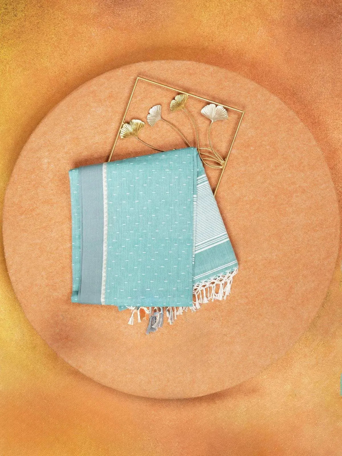 Turquoise Blue Linen Cotton Saree with Geometric Designs on the Body with Contrast Border - Diadem