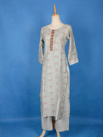 Off White Cotton Floral Printed Salwar Suit for Women - Diadem