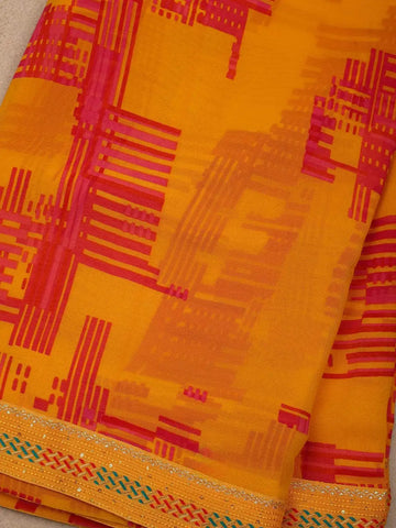 Yellow Abstract Printed Crepe Saree - Diadem