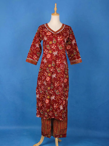 Dark Red Cotton Floral Design Printed Salwar Suit for Girls - Diadem