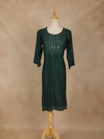 Dark Green Solid Cotton Kurti - Diadem