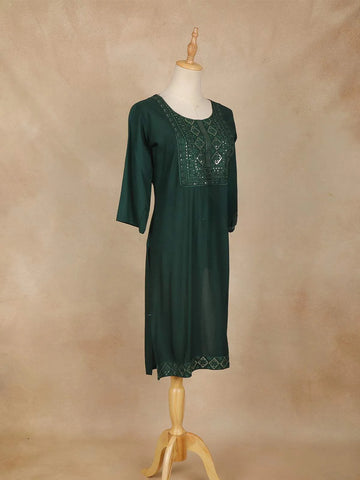 Dark Green Solid Cotton Kurti - Diadem