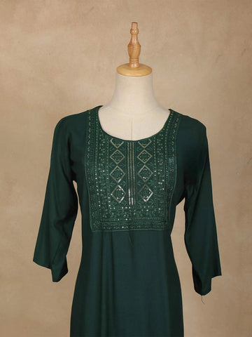 Dark Green Solid Cotton Kurti - Diadem