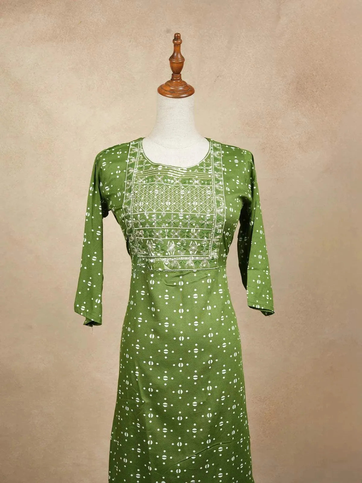 Dark Green Cotton Kurtis Adorned With Sequins and Embroidery Dotted Design without Dupatta - Diadem