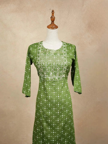 Dark Green Cotton Kurtis Adorned With Sequins and Embroidery Dotted Design without Dupatta - Diadem