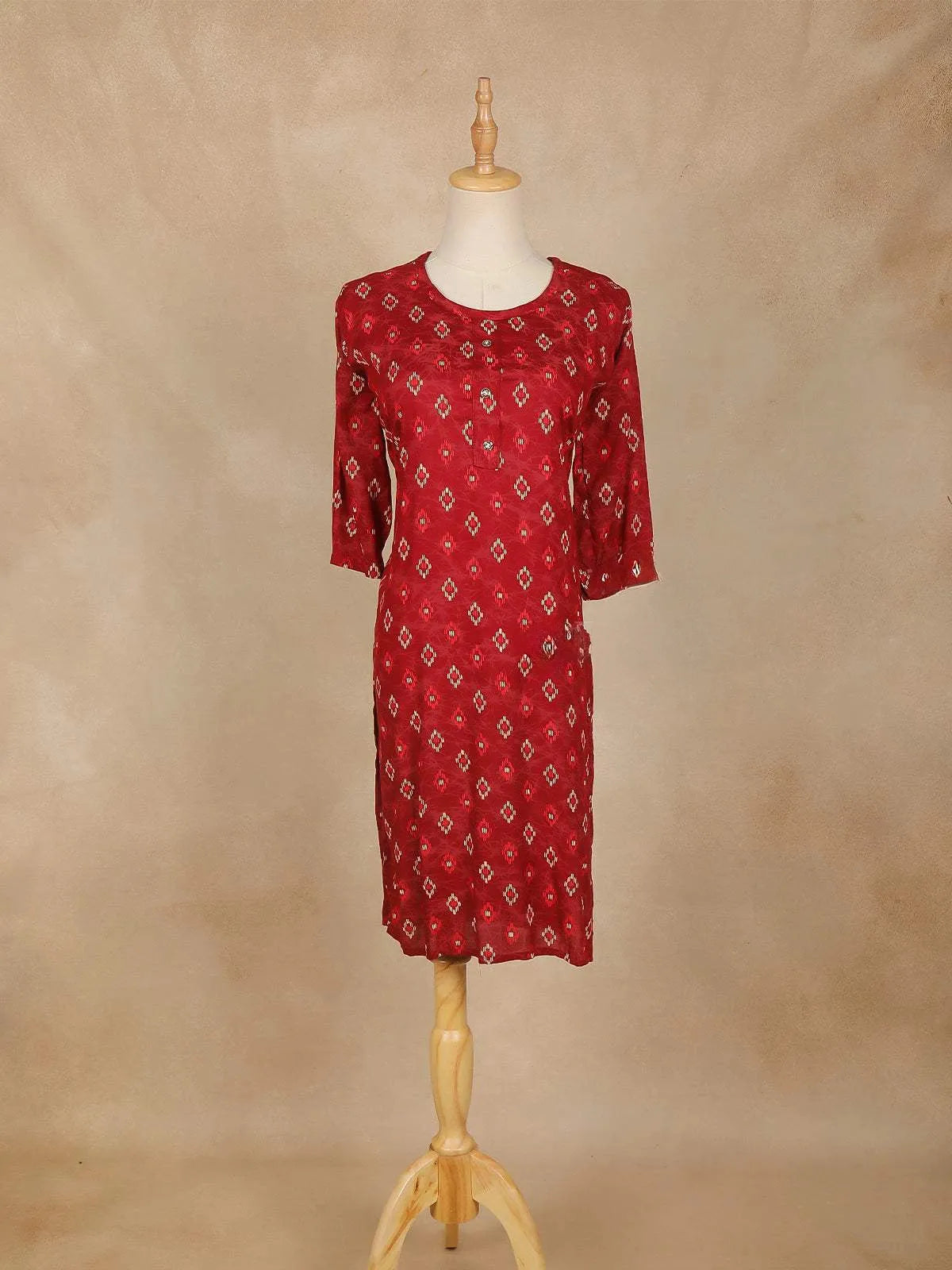 Dark Red Printed Designs Cotton Kurti - Diadem
