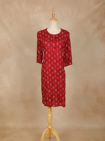 Dark Red Printed Designs Cotton Kurti - Diadem
