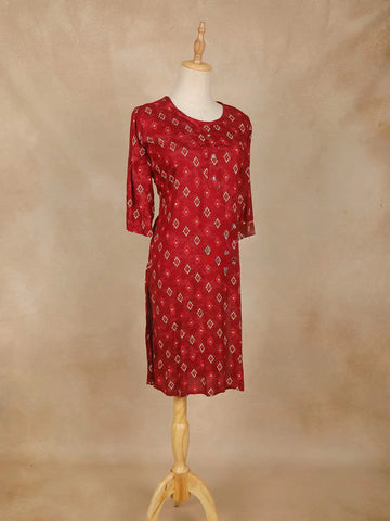 Dark Red Printed Designs Cotton Kurti - Diadem